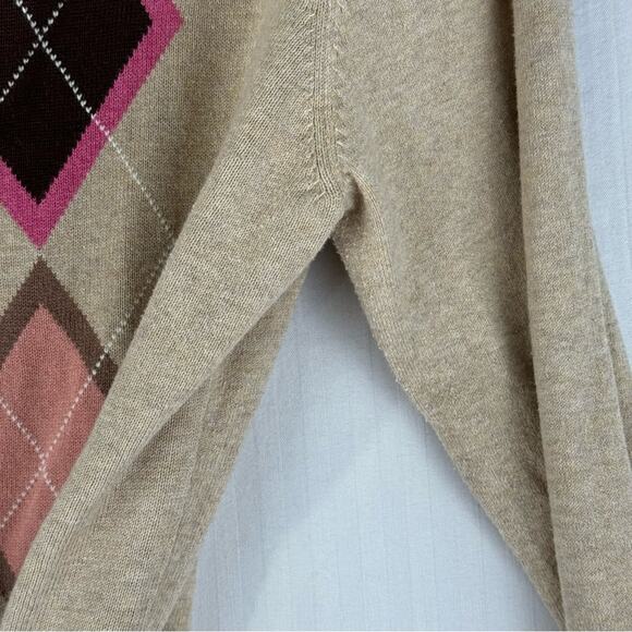 Cherokee Button Up Cardigan Tan Knit Sweater Women Size Large Pink Argyle Print - Picture 10 of 10
